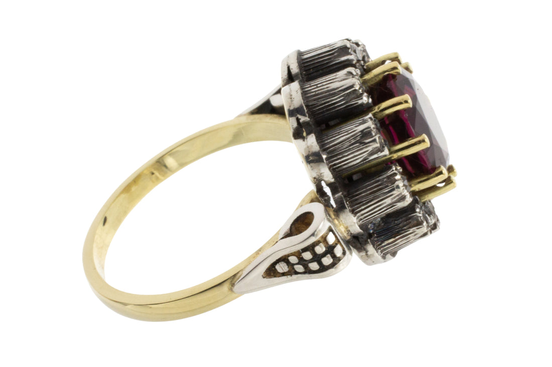 Rhodolite garnet and diamond cluster ring in silver and gold-vintage rings-The Antique Ring Shop