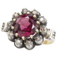 Rhodolite garnet and diamond cluster ring in silver and gold-vintage rings-The Antique Ring Shop