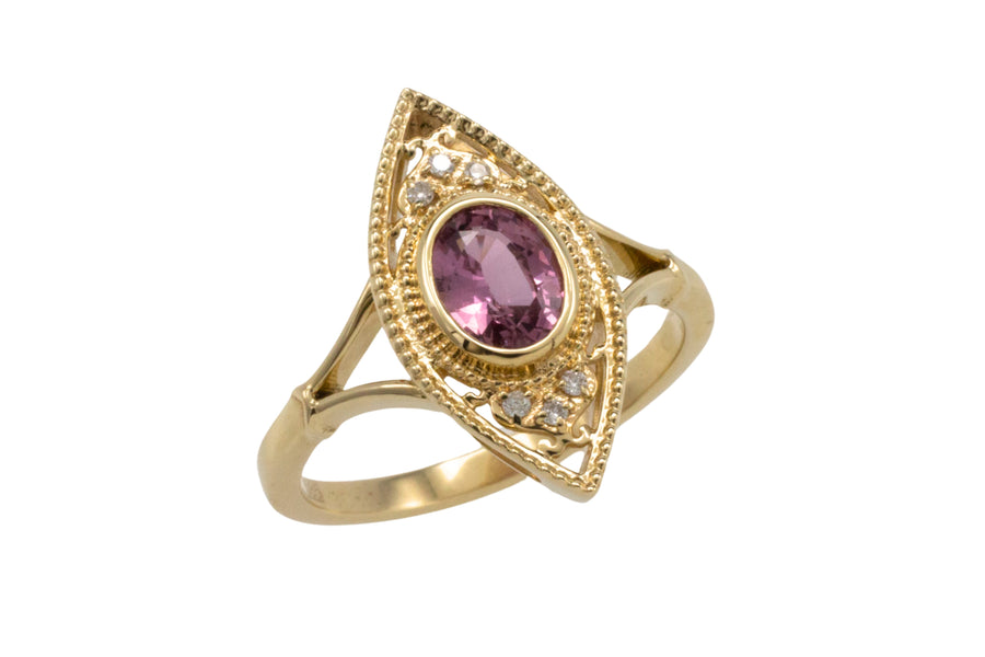 Pink sapphire marquise ring with diamonds-Vintage Rings-The Antique Ring Shop