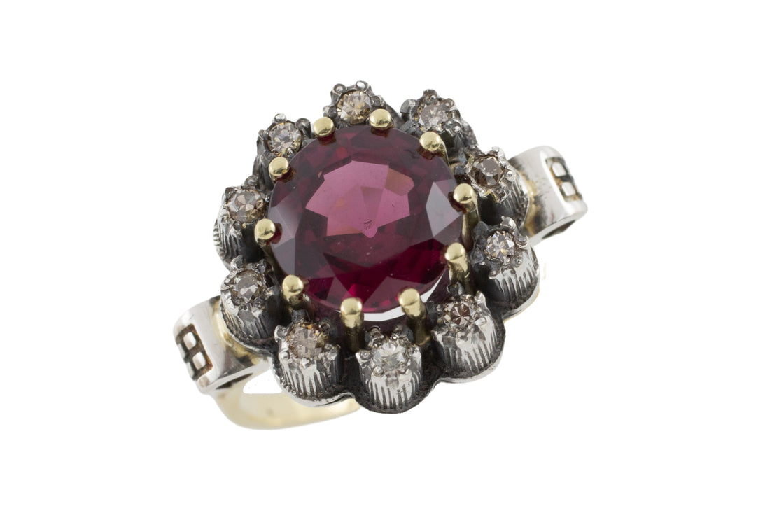 Rhodolite garnet and diamond cluster ring in silver and gold-vintage rings-The Antique Ring Shop