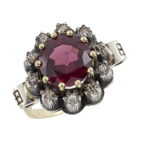 Rhodolite garnet and diamond cluster ring in silver and gold-vintage rings-The Antique Ring Shop