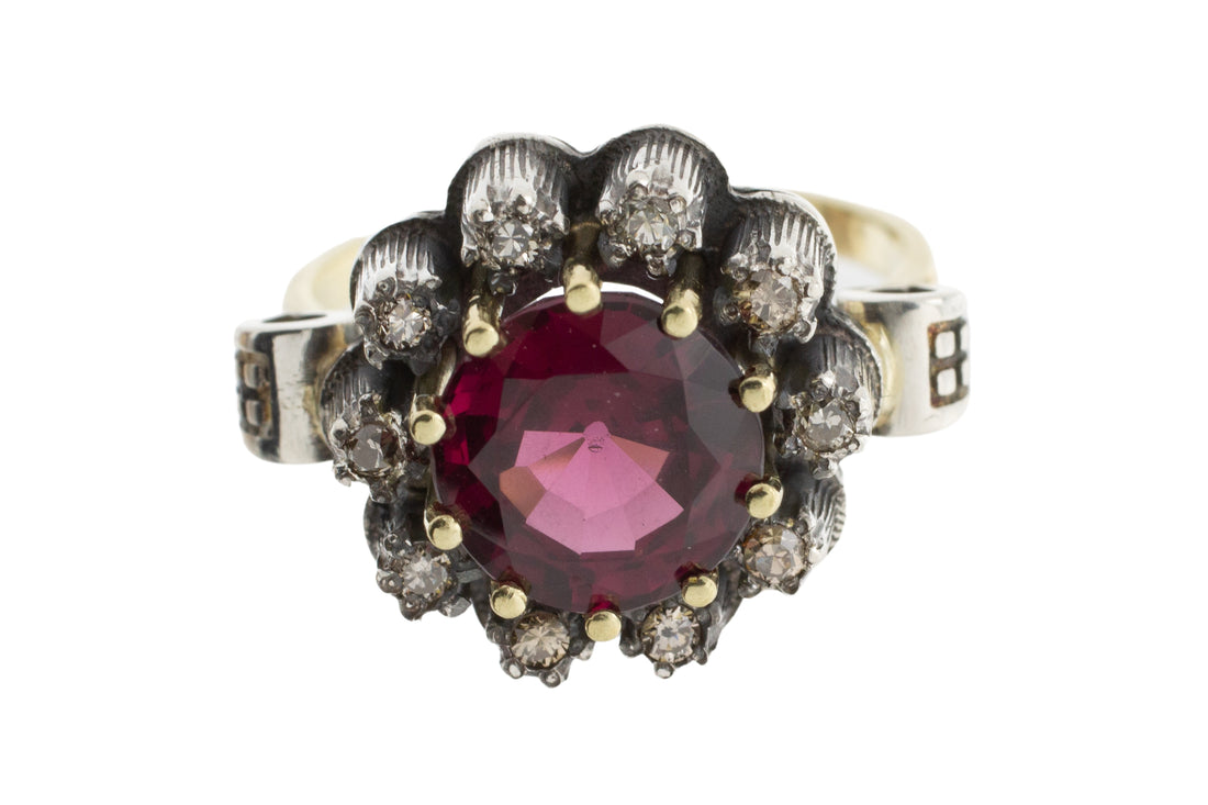 Rhodolite garnet and diamond cluster ring in silver and gold-vintage rings-The Antique Ring Shop