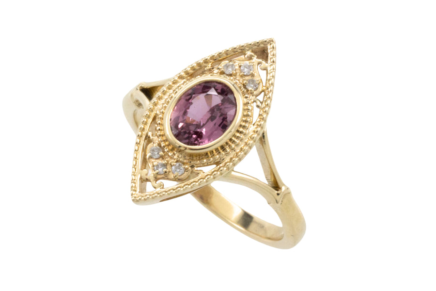 Pink sapphire marquise ring with diamonds-Vintage Rings-The Antique Ring Shop