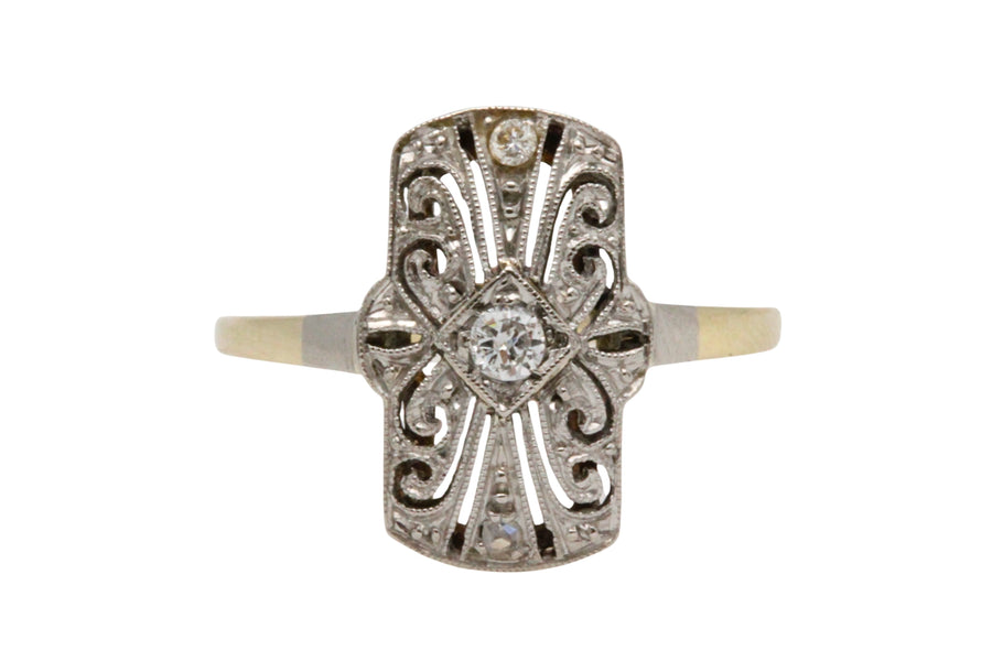 Art Deco filigree ring with diamonds-Vintage Rings-The Antique Ring Shop