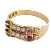 Victorian ruby and pearl double belt ring from 1890-Rings-The Antique Ring Shop