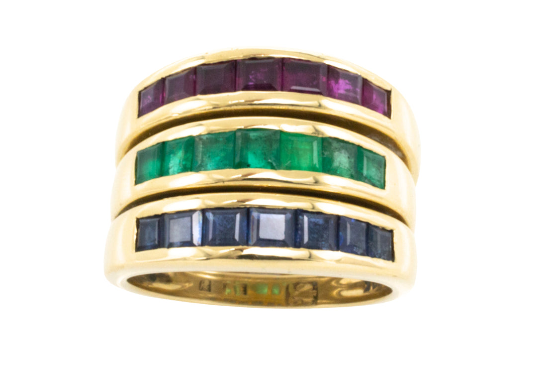 18 carat gold triple band with sapphire, emerald and ruby-Vintage Rings-The Antique Ring Shop