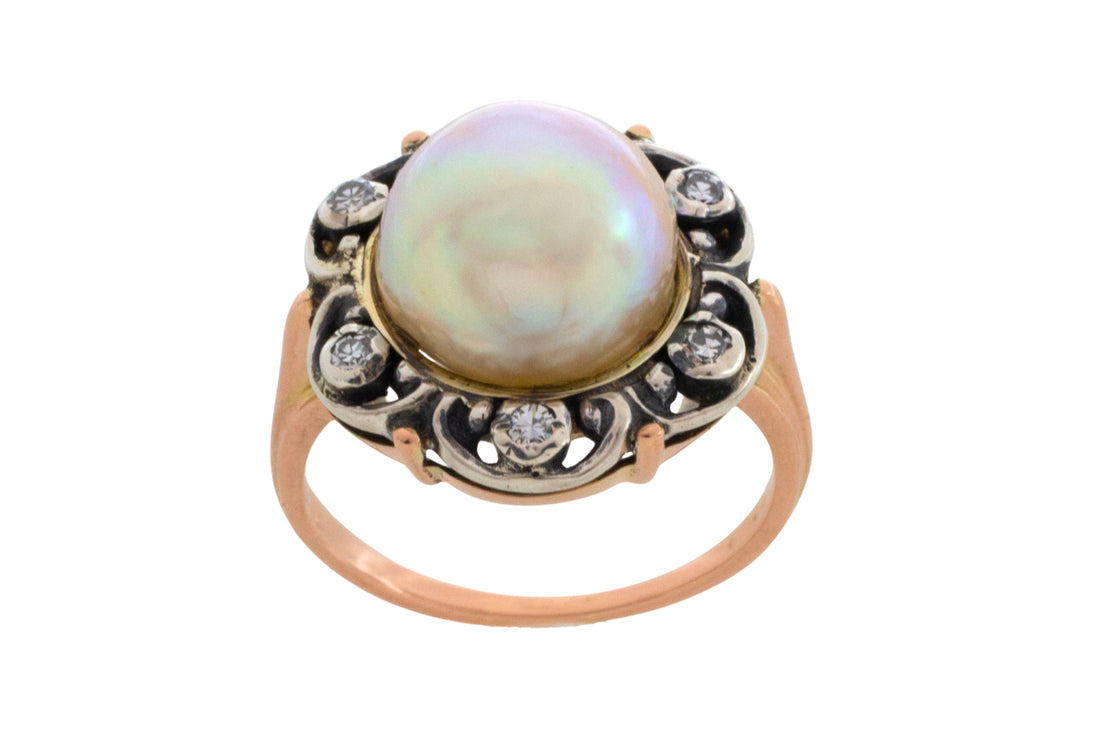 Pearl and single cut diamond ring in silver and gold-Antique rings-The Antique Ring Shop