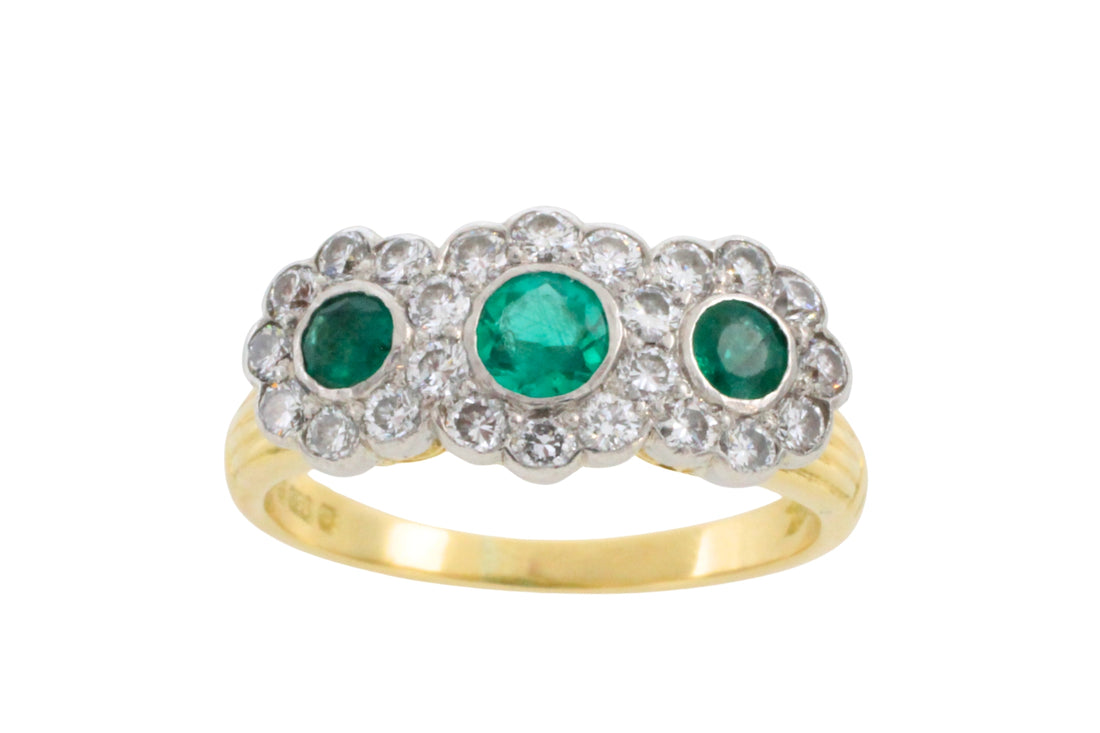 Vintage emerald and diamond triple cluster ring-engagement rings-The Antique Ring Shop