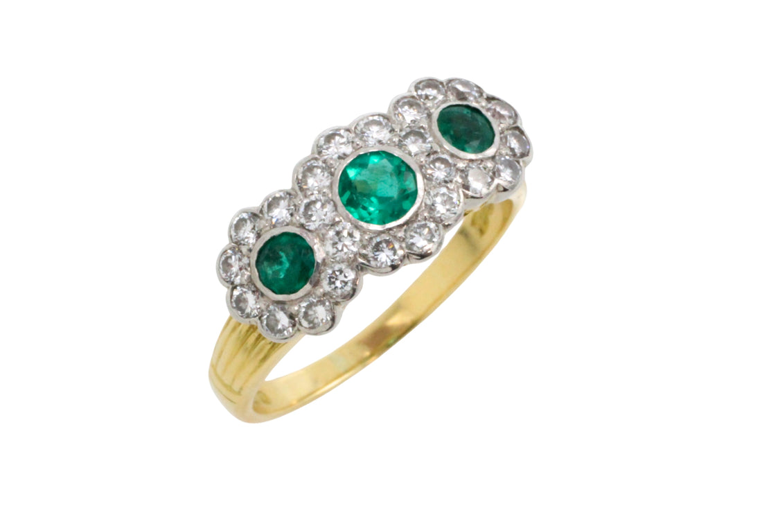 Vintage emerald and diamond triple cluster ring-engagement rings-The Antique Ring Shop