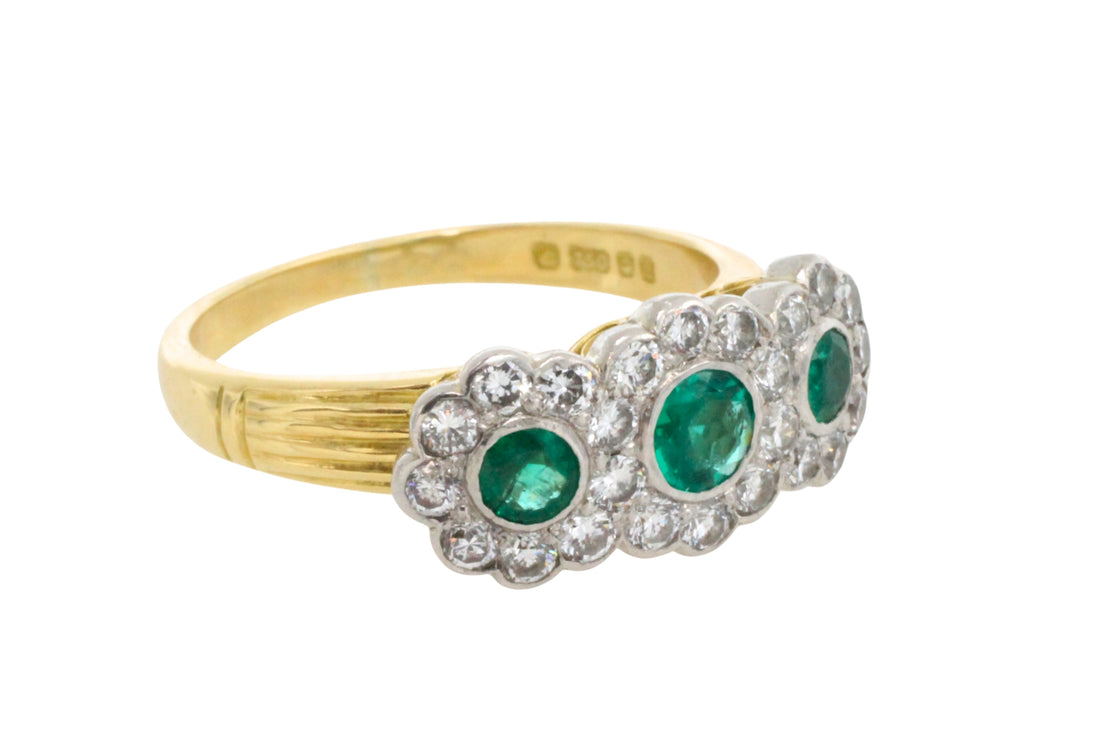 Vintage emerald and diamond triple cluster ring-engagement rings-The Antique Ring Shop