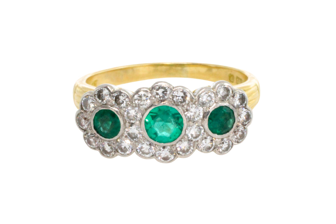 Vintage emerald and diamond triple cluster ring-engagement rings-The Antique Ring Shop
