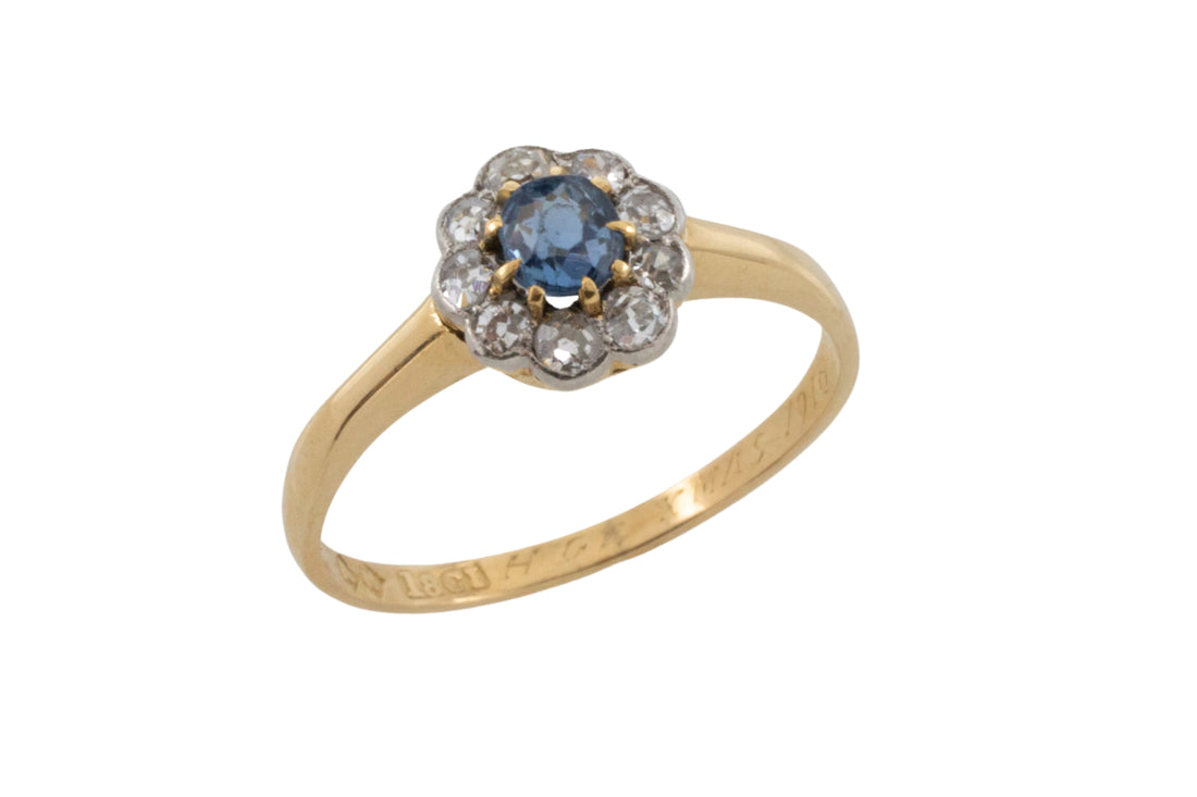 Edwardian sapphire and old cut diamond ring from 1916-engagement rings-The Antique Ring Shop