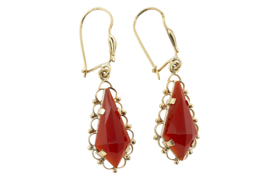 Carnelian pendant earrings in 14 carat gold-Earrings-The Antique Ring Shop