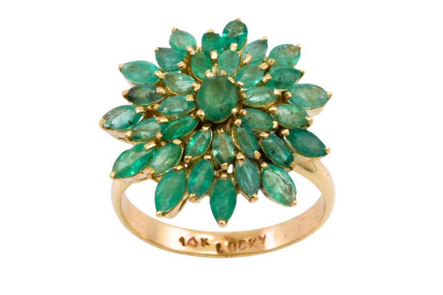 Emerald cluster ring in 14 carat gold-Vintage Rings-The Antique Ring Shop