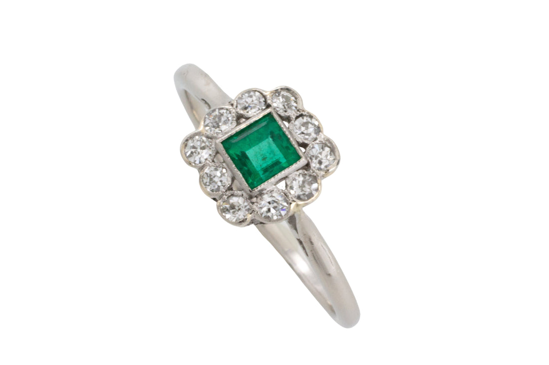 Art Deco platinum ring with emerald and diamonds-engagement rings-The Antique Ring Shop