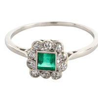 Art Deco platinum ring with emerald and diamonds-engagement rings-The Antique Ring Shop