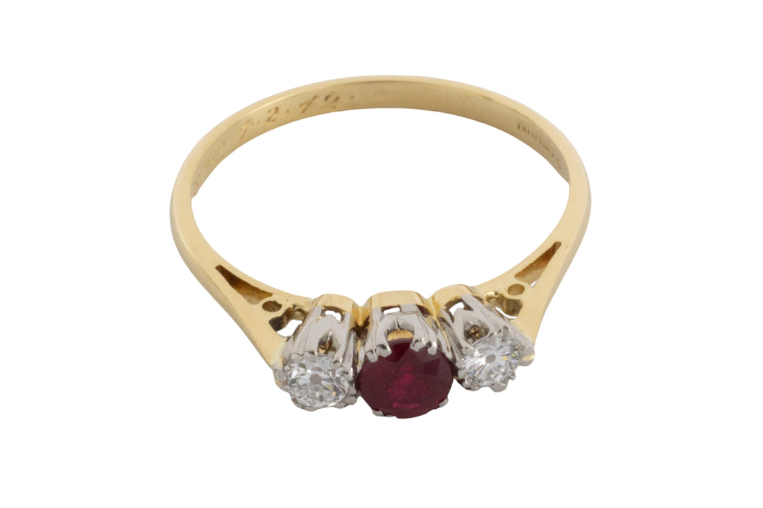 Ruby and diamond three stone ring-engagement rings-The Antique Ring Shop