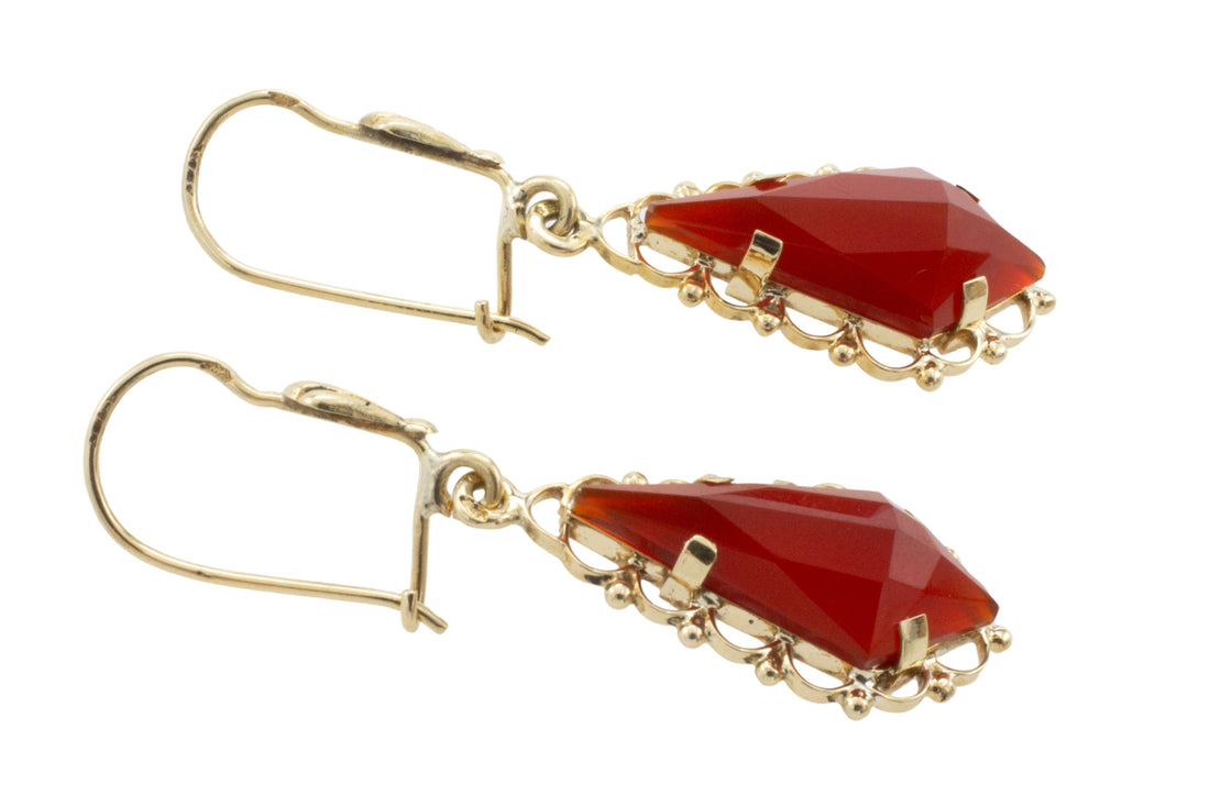 Carnelian pendant earrings in 14 carat gold-Earrings-The Antique Ring Shop