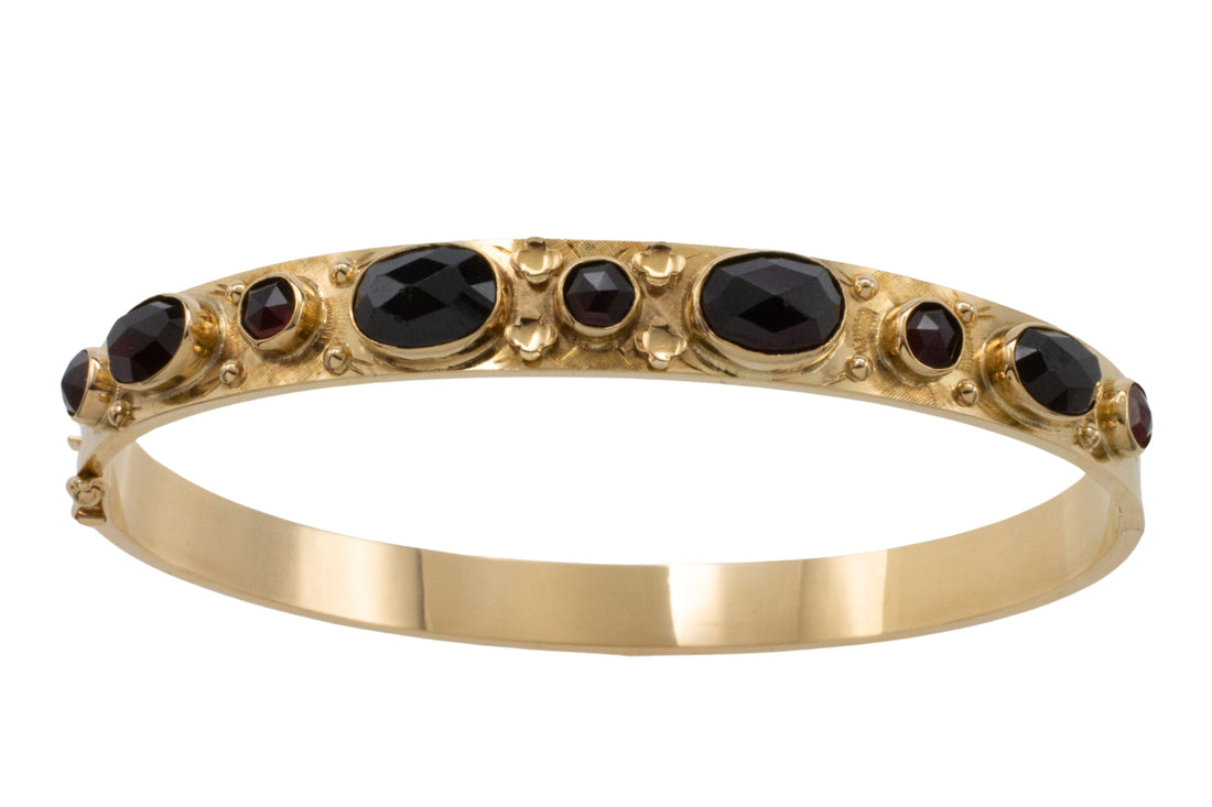 Garnet hinged bracelet in 14 carat gold-Bracelets-The Antique Ring Shop