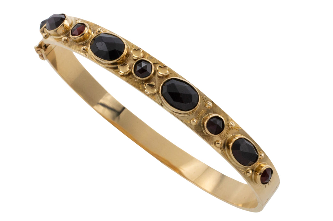 Garnet hinged bracelet in 14 carat gold-Bracelets-The Antique Ring Shop