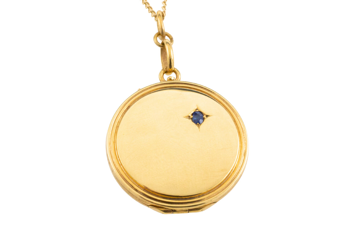 14 carat gold photo locket with sapphire-Pendants-The Antique Ring Shop