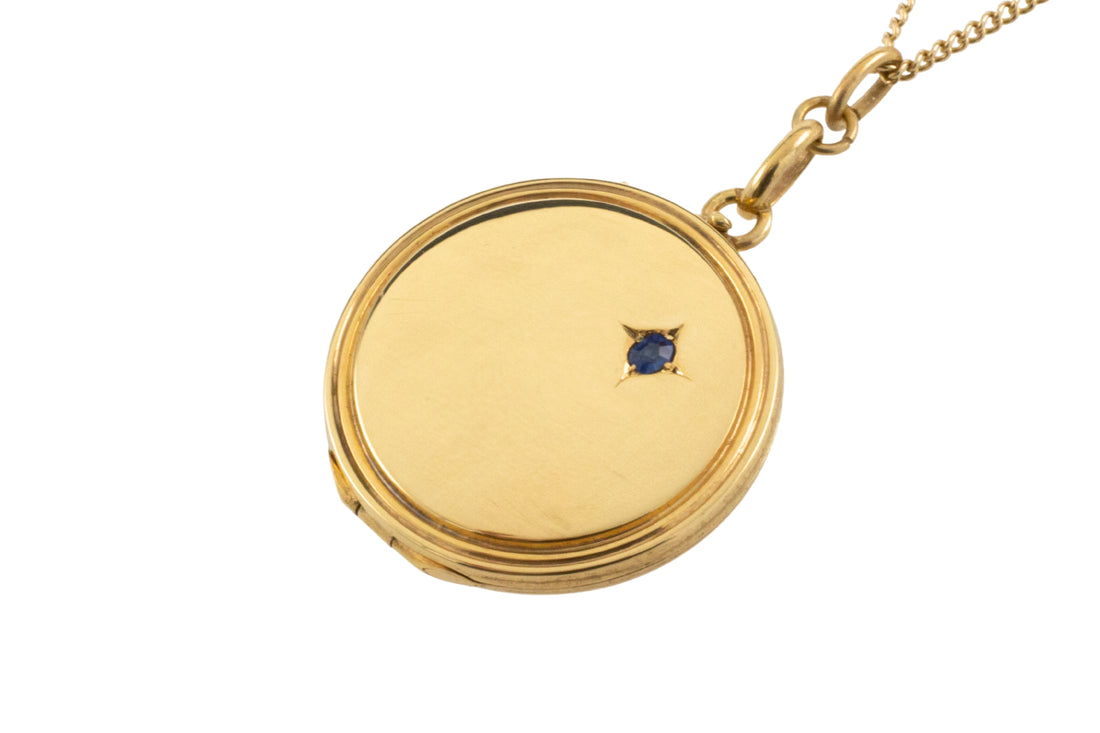 14 carat gold photo locket with sapphire-Pendants-The Antique Ring Shop