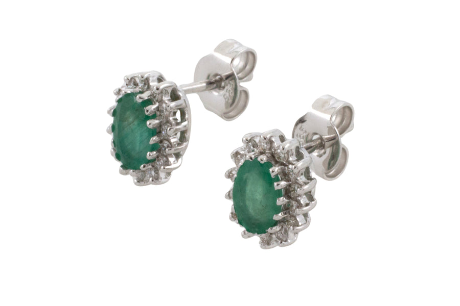 Emerald and diamond studs in 14 carat white gold-Earrings-The Antique Ring Shop