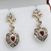 Ruby and rose diamond earrings in silver and gold-Earrings-The Antique Ring Shop