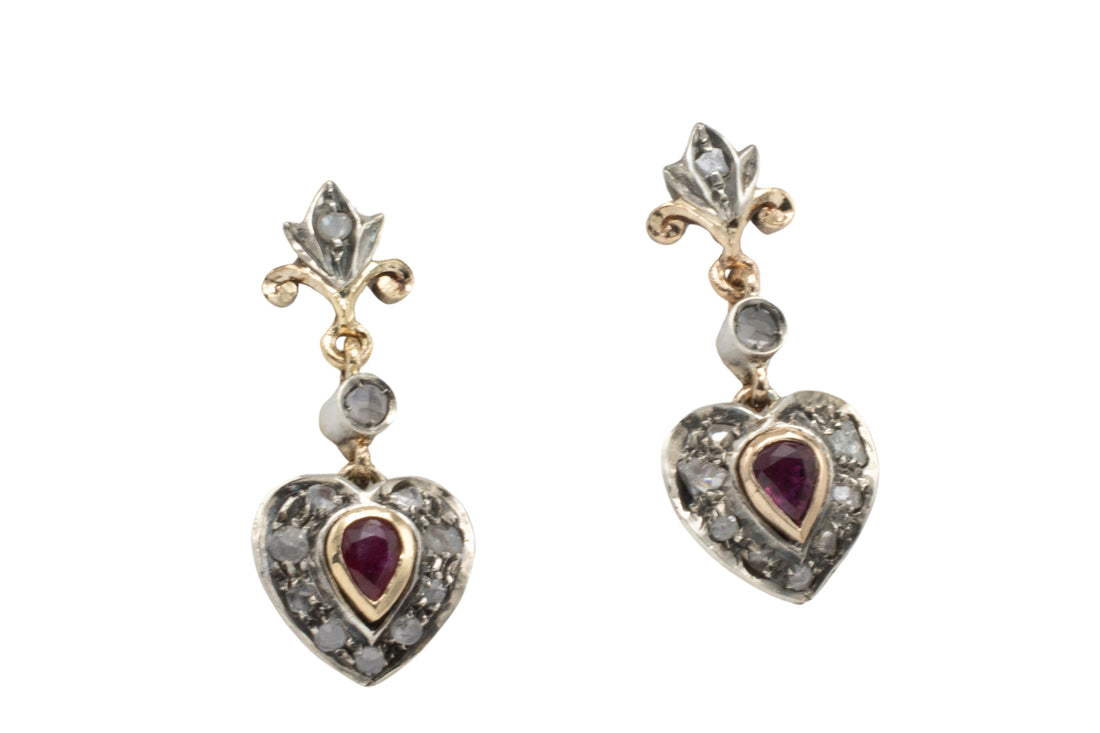 Ruby and rose diamond earrings in silver and gold-Earrings-The Antique Ring Shop