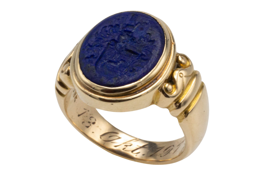 Antique Lapiz intaglio signet ring in 14 carat gold-gents rings-The Antique Ring Shop