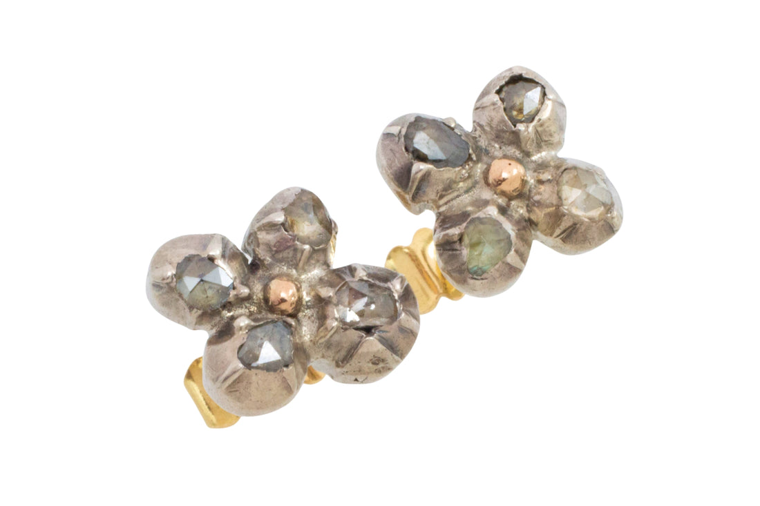 Rose diamond ear studs in silver and gold-Earrings-The Antique Ring Shop