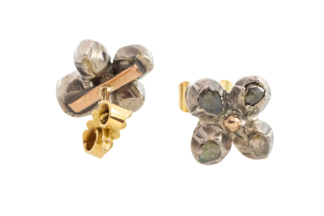 Rose diamond ear studs in silver and gold-Earrings-The Antique Ring Shop