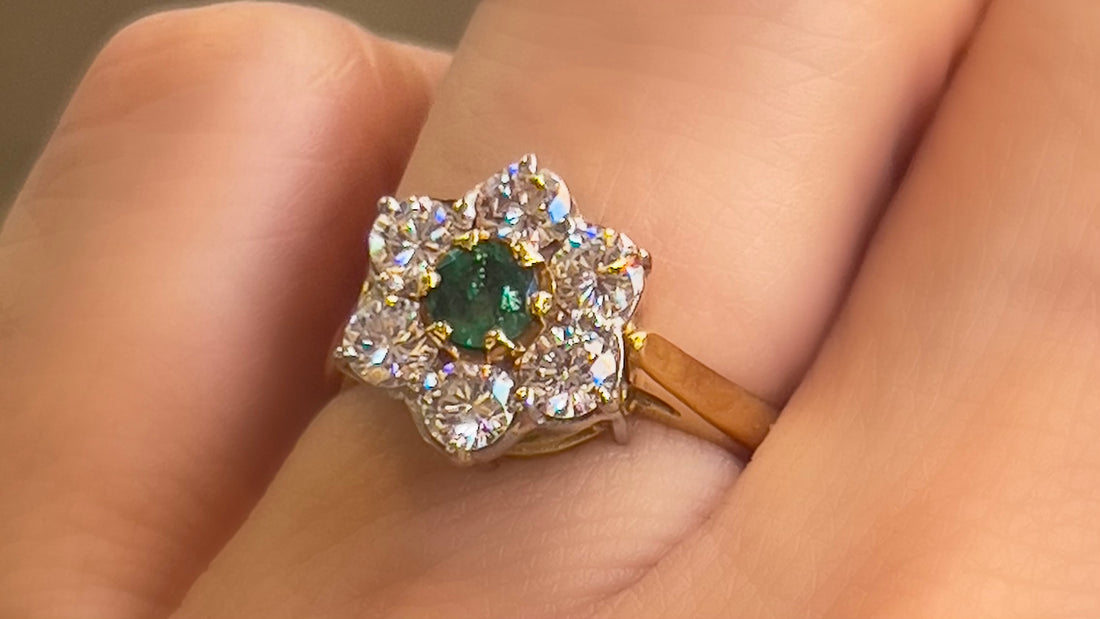 Emerald and diamond cluster ring in 18 carat gold-engagement rings-The Antique Ring Shop