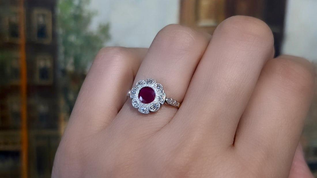 Vintage ruby and diamond ring in platinum and gold-engagement rings-The Antique Ring Shop