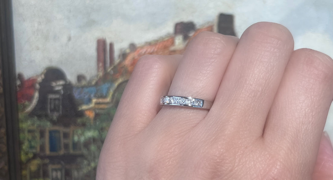 Platinum half eternity band with princess cut diamonds-Vintage & retro rings-The Antique Ring Shop