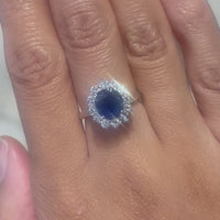 Sapphire and diamond cluster ring in white gold