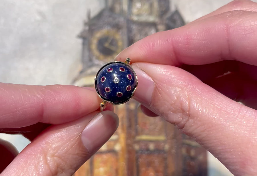 Cabochon sodalite ring with rubies and diamond