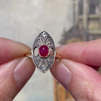 Vintage cabochon ruby and diamond marquise shaped ring