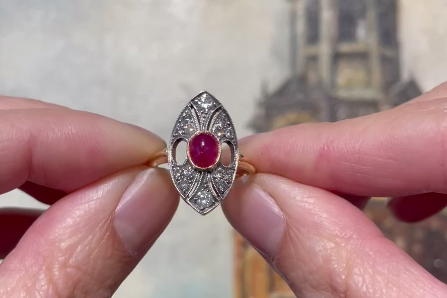 Vintage cabochon ruby and diamond marquise shaped ring