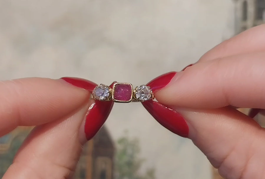 Old cut diamond and cabochon ruby ring