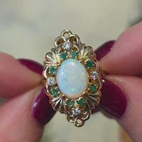 Opal emerald and diamond marquise ring