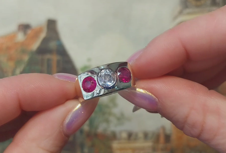 Old cut diamond and synthetic ruby ring in 18 carat gold