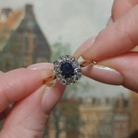 Saffier en roosdiamanten cluster ring