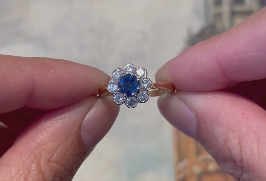 Sapphire and diamond cluster ring in 18 carat gold