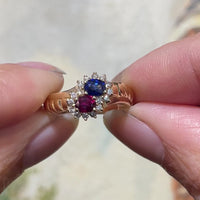 Dubbele cluster ring met robijn en saffier