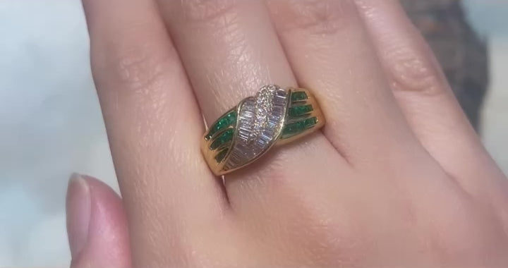 Baguette en briljant geslepen diamanten ring met smaragden
