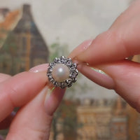 Vintage witgouden parel en diamanten ring