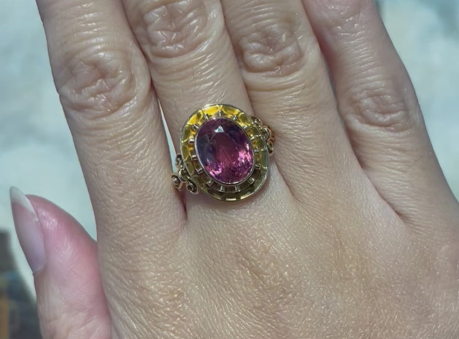 Vintage roze toermalijn ring in 14 karaats goud