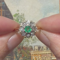 Vintage emerald and diamond cluster ring in gold and platinum
