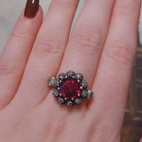 Rhodolite garnet and diamond cluster ring in silver and gold